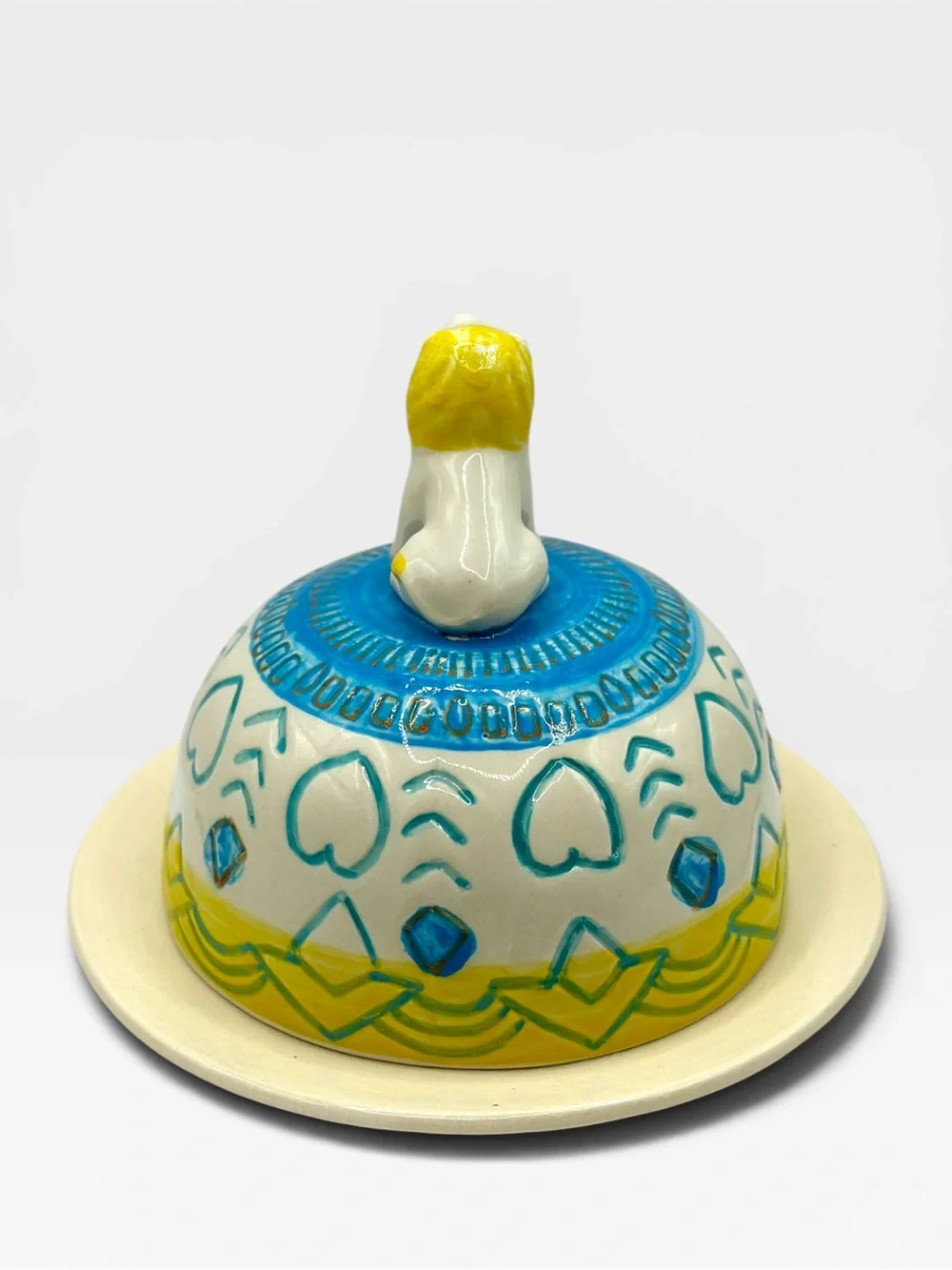 Anthropologie Lion Lidded Dome  Ceramic Butter Dish with Lion Finial Handpainted